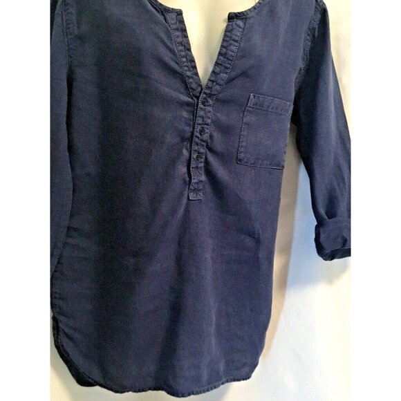 Joie 100% Linen Women Blouse Henley Size L Navy Blue Long Sleeve Rollable Hi-Lo - Picture 5 of 10